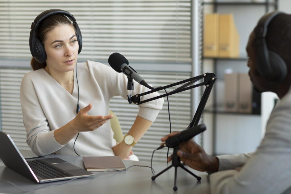 man-woman-talking-podcast